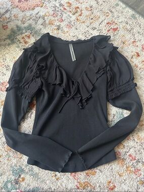 Anthropologie Black Ruffled V-Neck Long Sleeve Top